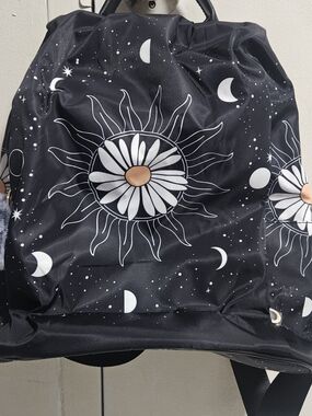 Celestial Antitheft Daisy Print Backpack - Black & White with Tan Center